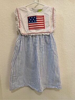 Classic Whimsy Girls Size 7 Patriotic Flag Appliqué Dress - White & Blue